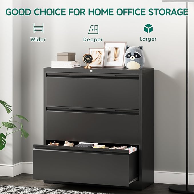 Filing Cabinet with Lock,Lateral File Cabinets 3 Drawer Metal Wide Filing Organization,Home Office School Furniture for Hanging Files Letter/Legal/F4/A4 Size,Black - Assembly Required