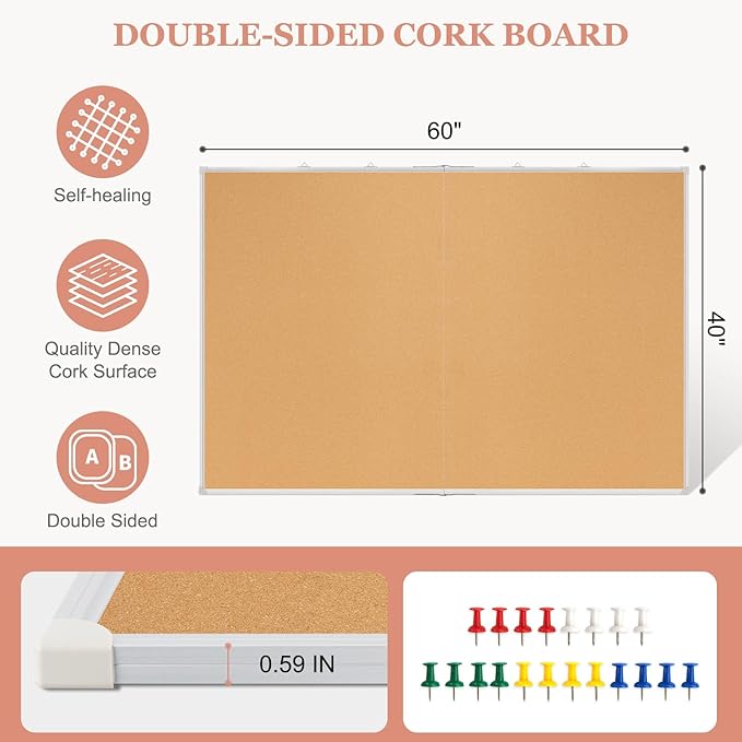 Double-Sided Large Cork Board, 60" x 40" Foldable Hanging Aluminum Framed Bulletin Board, Vision Board Pin Board Corkboards for Walls, Office, School Decor, 20 Pushpins