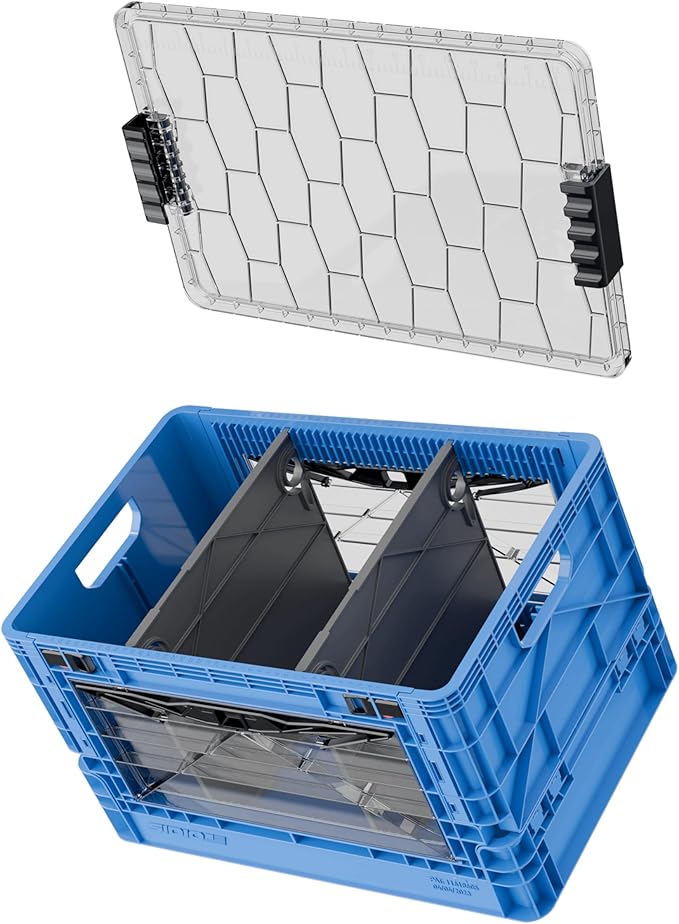 SIDIO Full-Size Collapsible Crate - Heavy Duty Stackable Storage Bin with Lid & 2 Short-Ways Dividers, Durable Plastic Organizer for Home, Office, Garage & Outdoor Use (Sidio Blue)