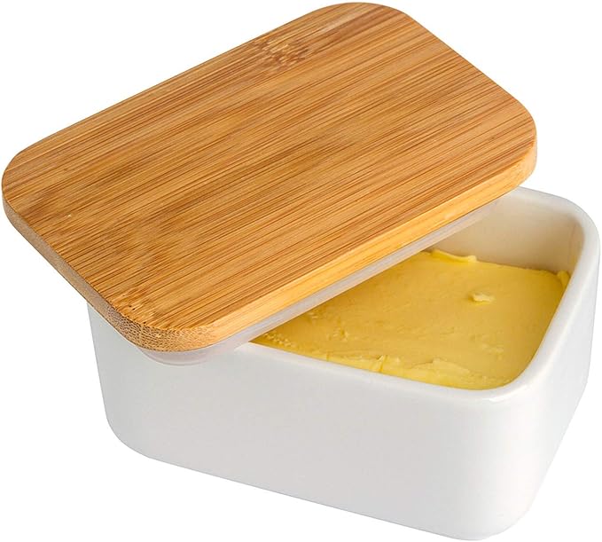 Porcelain Butter Dish with Lid,Ceramic Butter Dish with Bamboo Lip,Butter Keeper Container with Cover for Countertop or Refrigerator,Heat Resistant Kitchen Butter Storage Dish,White (300ml)