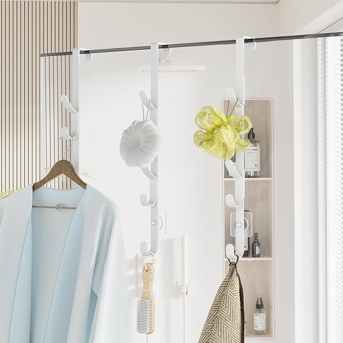 Over The Door Hooks, Metal Door Hooks for Hanging, Over The Door Purse Organizer for Coat Hanger, Back of Shower Door for Hanging Towel Rack Clothes, Hat, Bathroom, Closet (White-3Packs)
