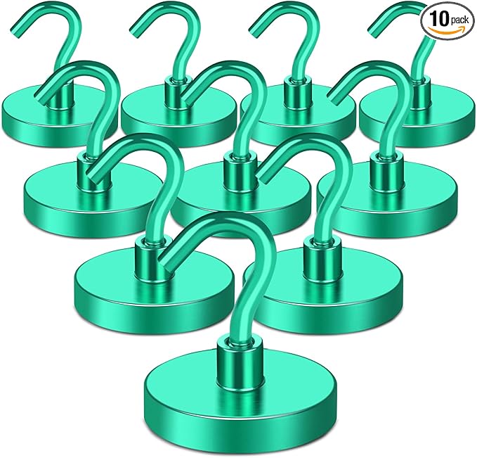 MIKEDE Magnetic Hooks Heavy Duty, 170LB Strong Magnet with Hook for Fridge, Super Neodymium Extra Strength Industrial Hooks for Toolbox, Cruise, Grill(Green,10 Pack)