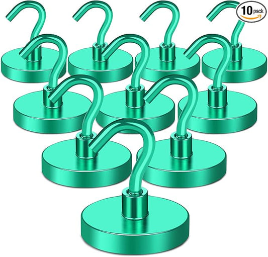MIKEDE Magnetic Hooks Heavy Duty, 170LB Strong Magnet with Hook for Fridge, Super Neodymium Extra Strength Industrial Hooks for Toolbox, Cruise, Grill(Green,10 Pack)
