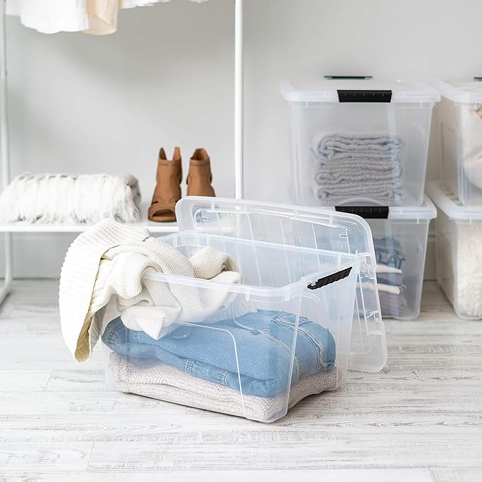 IRIS USA 40 Qt Stackable Plastic Storage Bins with Lids, 4 Pack - BPA-Free, Made in USA - See-Through Organizing Solution, Latches, Durable Nestable Containers, Secure Pull Handle - Clear