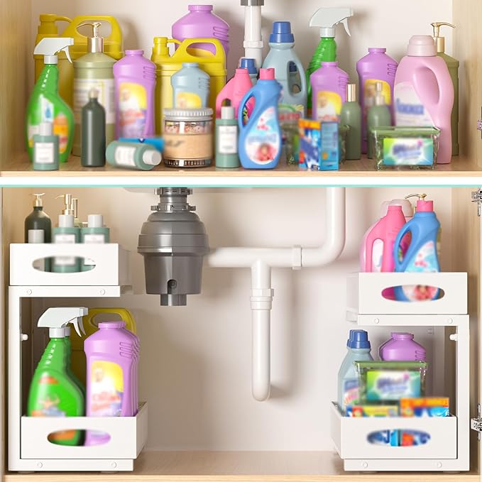 Under Sink Organizer, 2 Pack 2 Tier Metal Slide Out Pull Out Cabinet Organizer Shelf, Height Adjustable Organization and Storage Series, Bathroom/Desktop/Cabinet/Kitchen organization, White