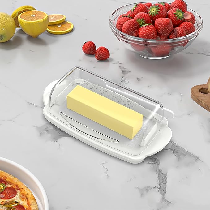 Butter Dish with Lid and Knife, Large Plastic Flip Top Butter Dishes Clear Hinged Lid, Easy Scooping Non-Slip Bottom