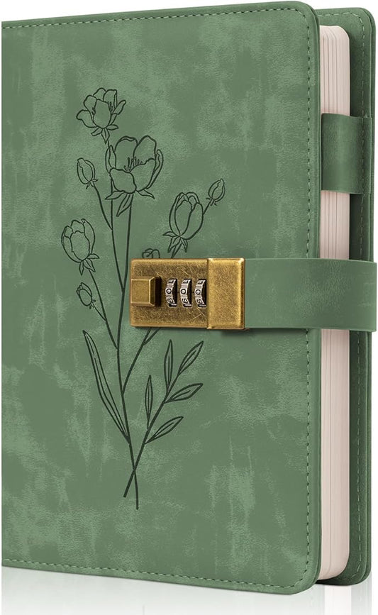 Lock Diary for Women Diary with Lock for Girls A5 Leather Locked Journal 260 Pages 100 GSM Refillable Journal with Lock for Teens Secrets Flower Journals with Combination Passwords, 5.7"x8.3", Green