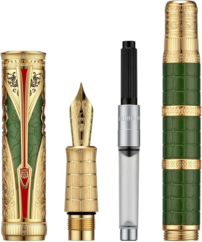Hongdian D5X Fountain Pen - Green Qin Dynasty Writing Pen with Fine Nib and Converter Set