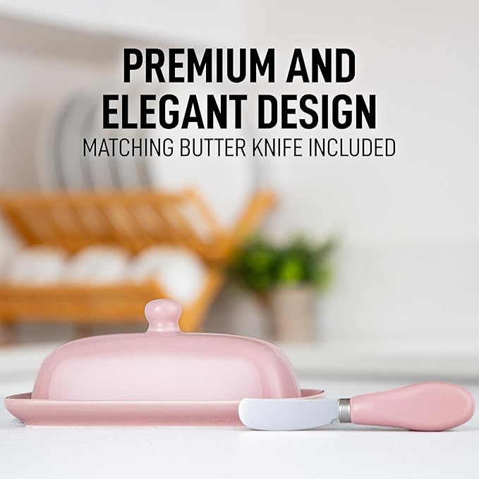 Zulay Butter Dish With Lid For Countertop - Porcelain White, Ceramic Butter Dish with Knob Handle Great for Cooking - Elegant Design Butter Holder - Durable & Sturdy Butter Keeper - Pink