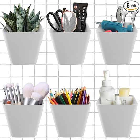 G.CORE Large Grid Wall Bins - 6Pack Gray Gridwall Accessories Hanging Cups with Back Hooks - Plastic Grid Wall Panels Organizers Wire Shelves Holders for Garage Garden Craft Office Tools Storage