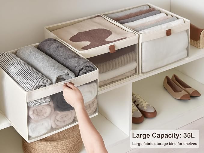 StorageWorks Closet Storage Bins, Large Storage Baskets with Clear Window and Handles, Foldable Fabric Organizer for Clothes, Shelves, Beige, 3 Pack