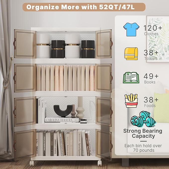 Extra Large Stackable Storage Bins with Lids & Wheels, Foldable Collapsible Closet Organizers Storage Cabinet with Doors for Bedroom Dorm (White, 220QT-55QT/14GAL*4Pack)