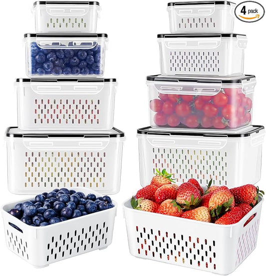 Freshmage Fruit Storage Containers for Fridge with Removable Colander, Airtight Food Storage Container, Dishwasher Safe Produce Saver for Refrigerator, Keep Berry Fruit Fresh Longer 4 pcs Small Clear