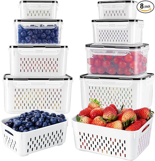 Freshmage Fruit Storage Containers for Fridge with Removable Colander, Airtight Food Storage Container, Dishwasher Safe Produce Saver for Refrigerator, Keep Berry Fruit Fresh Longer 8 pcs Small Clear