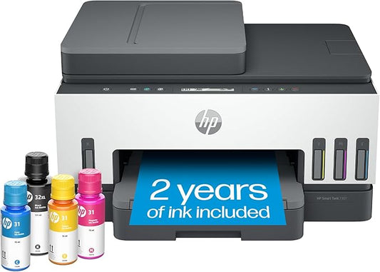 HP Smart Tank 7301 Wireless All-in-One Refillable Ink Tank Printer, Scanner, Copier with 2 years of ink included, Best for home office(28B70A)