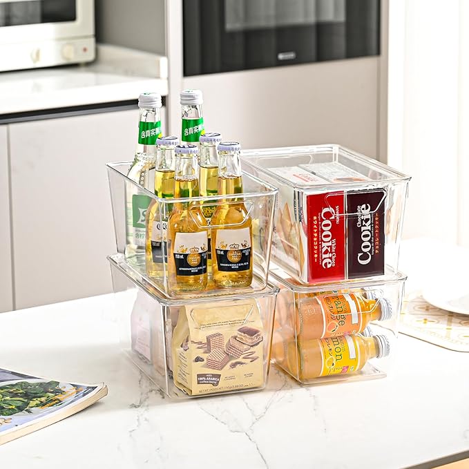 12 Pack Middle Stackable Storage Boxes for Storage and Organization, Clear Storage Bins with Lids, Plastic Storage Containers with Lids, Plastic Bins with Handles for Office, Bedroom, Study Room