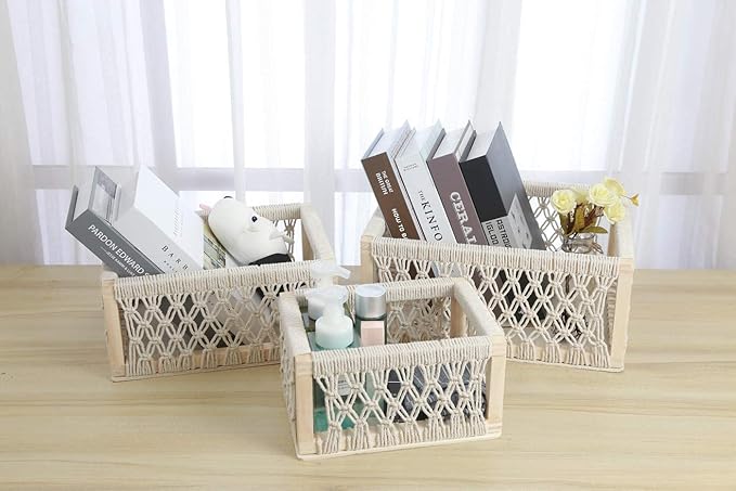 Macrame Baskets for Storage Set of 3, White Decorative Storage Bin for Living Room, Perfect Pampas Grass Holder