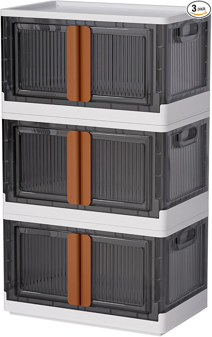LCG 3-Tier Foldable Plastic Storage Bins with Lids and Doors, 25 Gallon (8.4 Gal x 3pack), Stackable Organizer Drawer (Medium)