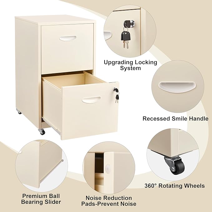 2 Drawer Mobile File Cabinet with Lock, Metal Filing Cabinets with Wheels,Rolling Storage Cabinet, Under Desk Vertical File Cabinet for Home Office, Lockable Steel Two Drawer for Letter Size, Cream