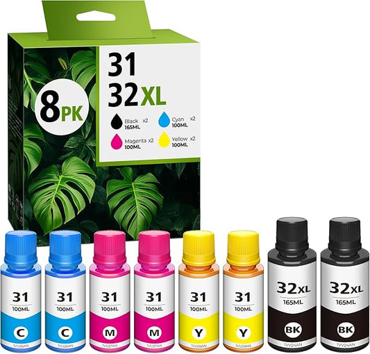 31 32XL Ink Bottle Set Compatible for Smart Tank 5101 7602 6001, Compatible for HP 31 Ink 32XL Black Ink Bottle for Smart Tank 5000 5102 7301 7001 Plus 651 570 551 455 457 450 All-in-One Printer