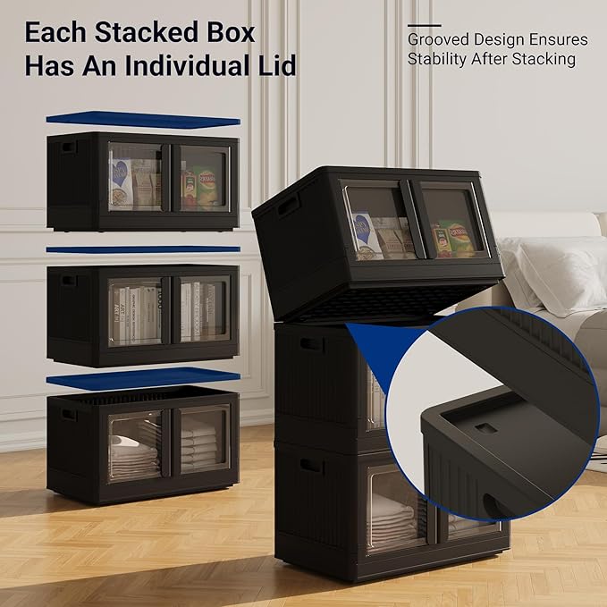 FLEXIMOUNTS 304 QT Stackable Storage Bins With Lids, Collapsible Plastic Storage Bins, Closet Organizers and Storage Containers with Doors and Built-in Wheels For Home, 4 Pack Cubes, Black