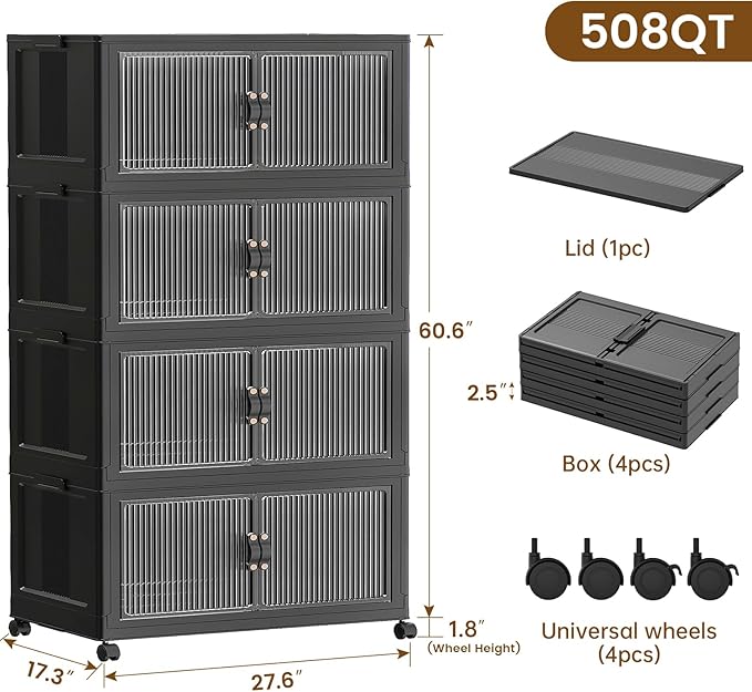 SAILUN 127Gal/508Qt Stackable Storage Bins Folding Collapsible Storage Bins with Lid, Closet Organizers and Storage Box with Door Black 28" W x 17" D x 61" H