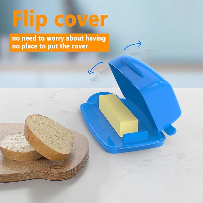 Butter Dishes with Lid for Countertop Refrigerator, Plastic Butter Dish Clear Flip Top Lid Butter Container with Spreader, Non-Slip Bottom Butter Holder Keeper (Blue)