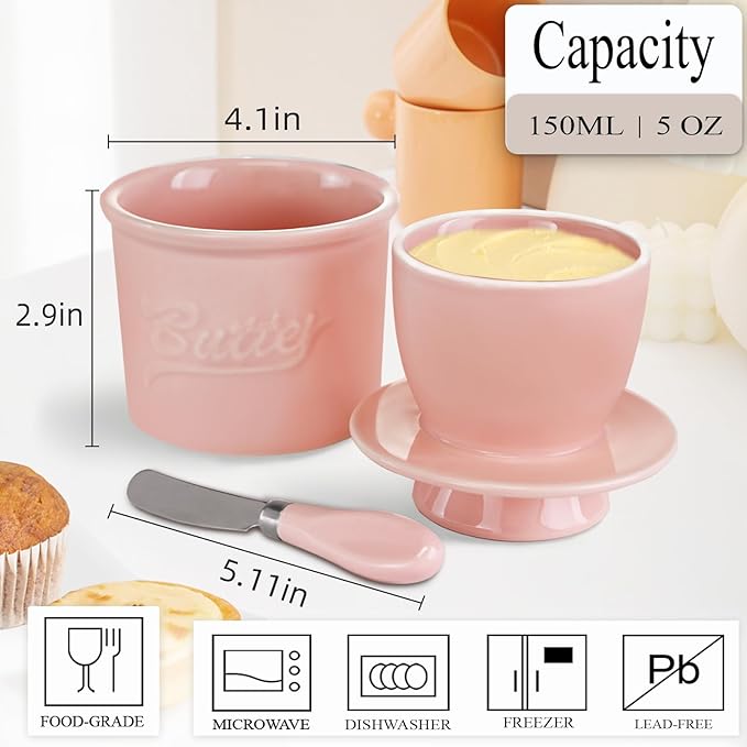 Ceramic Butter Crock with Lid & Spreader Knife, Butter Keeper - Ideal Butter Storage & Countertop Butter Dish,Pink