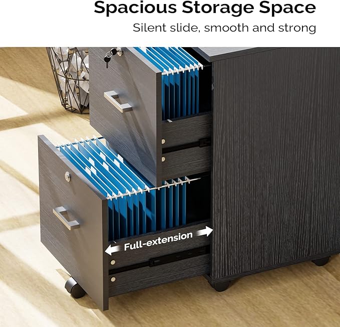 VINGLI 2-Drawer File Cabinet with Lock, Small Rolling Wood Filing Cabinet for Hanging Letter Size Filings with Tabs, Mobile Under Desk File Organizer for Home Office, Classic Black, 27.2" H