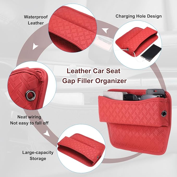 HARFINGTON Car Seat Gap Filler Organizer 11.5 x 8 x 2.1 Inch Leather Universal Car Organizer Storage Box Between Seat and Console for Phone Sunglasses Keys, Red