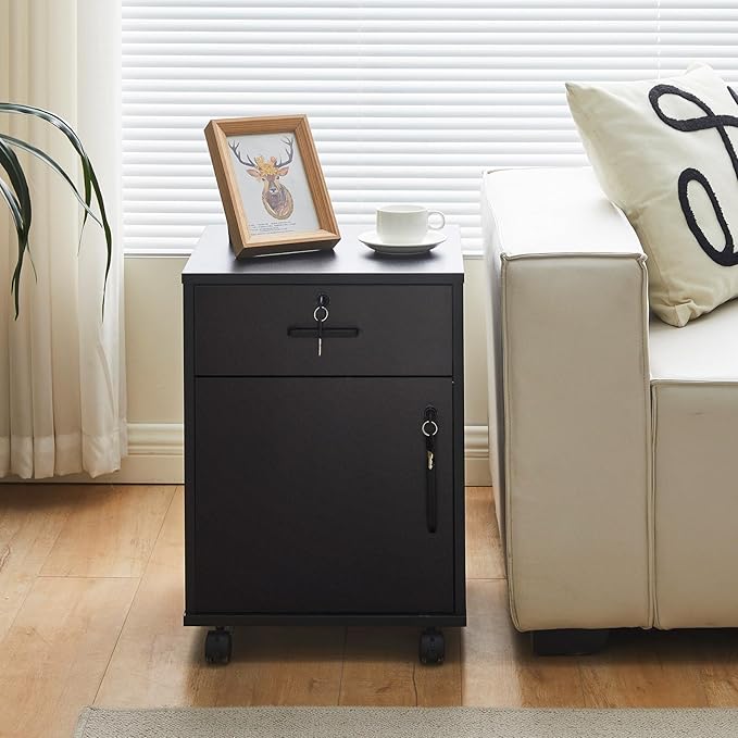 File Cabinet with Lock and Drawer, Mobile Under Desk Storage Cabinet with 360° Swivel Wheels, Wooden Filing Cabinet File Organizer for Legal/Letter/A4 Documents, Home Office Filing Cart (Black)