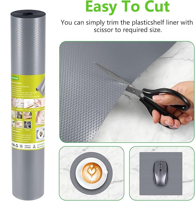 Shelf Liners for Kitchen Cabinets Refrigerator Liners Waterproof & Oil-Proof Kitchen Cupboard Liner Non-Slip Drawer Mats Non Adhesive Fridge Liner for Shelves - Gray 17.5 x 78.7 Inches