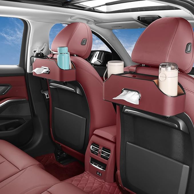 Car Seat Back Organizer - Stylish & Functional Storage for Family Adventures - Cup Holders, Tissue Box & Hooks - Perfect for Kids, Road Trips & Travel (Red)