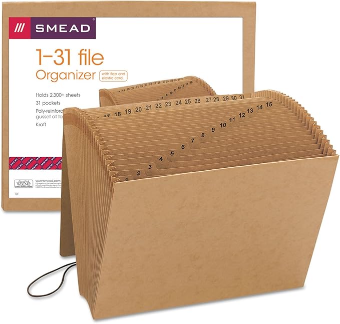 Smead Expanding File with Flap and Cord Closure, 31 Pockets, Daily (1-31), Letter Size, Kraft (70168) (Pack of 1)