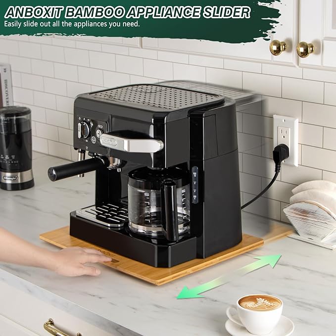 Bamboo Appliance Slider, Sliding Tray for Coffee Maker, Kitchen Countertop Appliance Rolling Tray, Coffee Pot Slider Tray with Rubber Wheels, Wide - Large (13"D x 16"W)