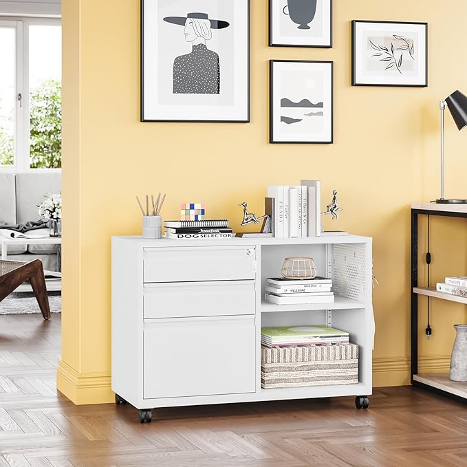 3 Drawer Metal File Cabinet with Lock,Mobile Lateral Filing Cabinet,Printer Stand Storage Cabinets with Shelves for Home Office(White)