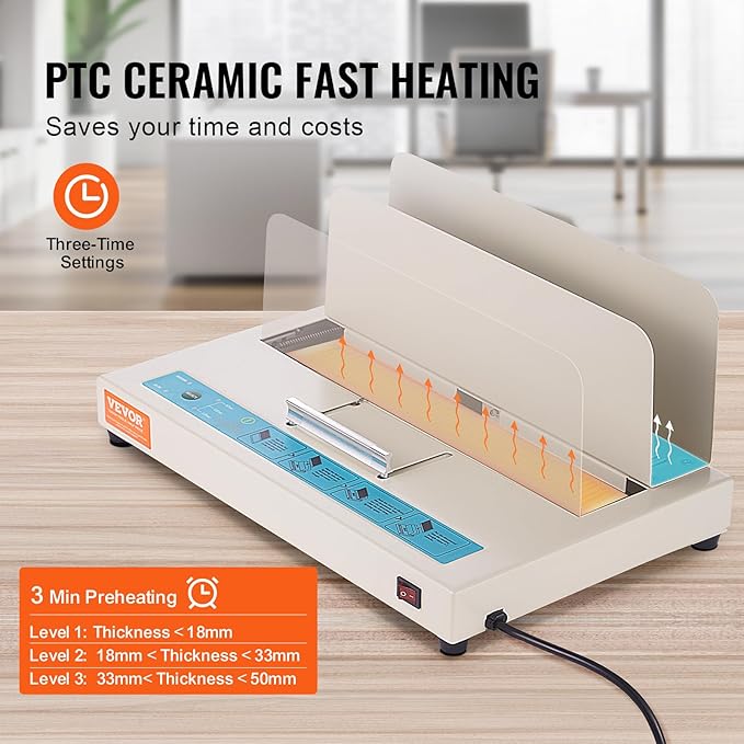 VEVOR Thermal Binding Machine, 500 Sheets Capacity Book Binding Machine, Thermal Book Binder 50mm Binding Thickness A3(Short Edge)/A4/A5 Document, with Infrared Optical Detection