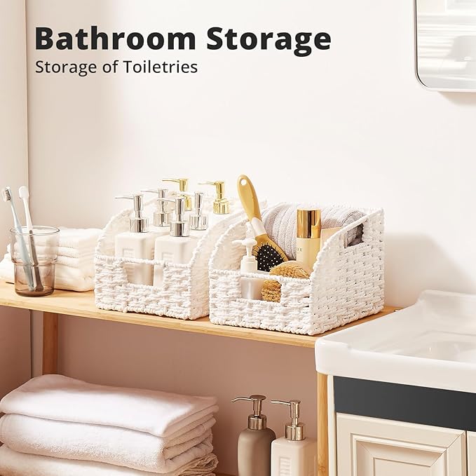 OIAHOMY Pantry Baskets for Organizing, Paper Rope Baskets with Built-in Handles, Wicker Storage Bints for Shelves, 2 Pack-White