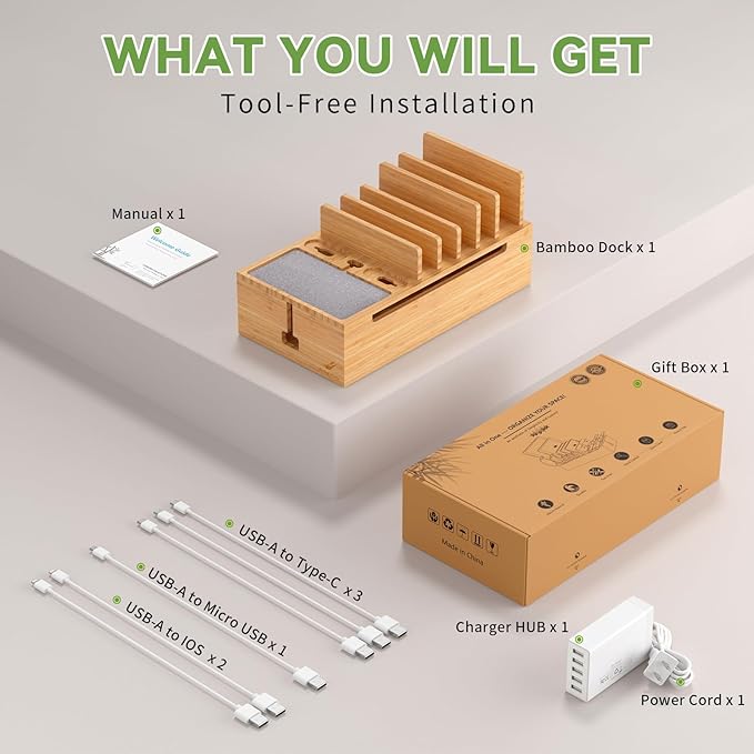 Pezin & Hulin Cell Phone Charging Station for Multi Devices, All in One Desktop Charger Organizer, with Power USB Charge Adapter and 6 Cables, Use As Power Strip Hidden Box -Natural Bamboo Color