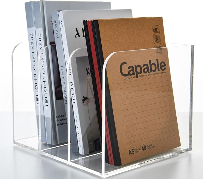3 Vertical Compartments Clear Acrylic Magazine & File Holder – Multipurpose Desk Organizer for Documents, Tablets, Magazines, Books – Office/Home/Classroom Rack