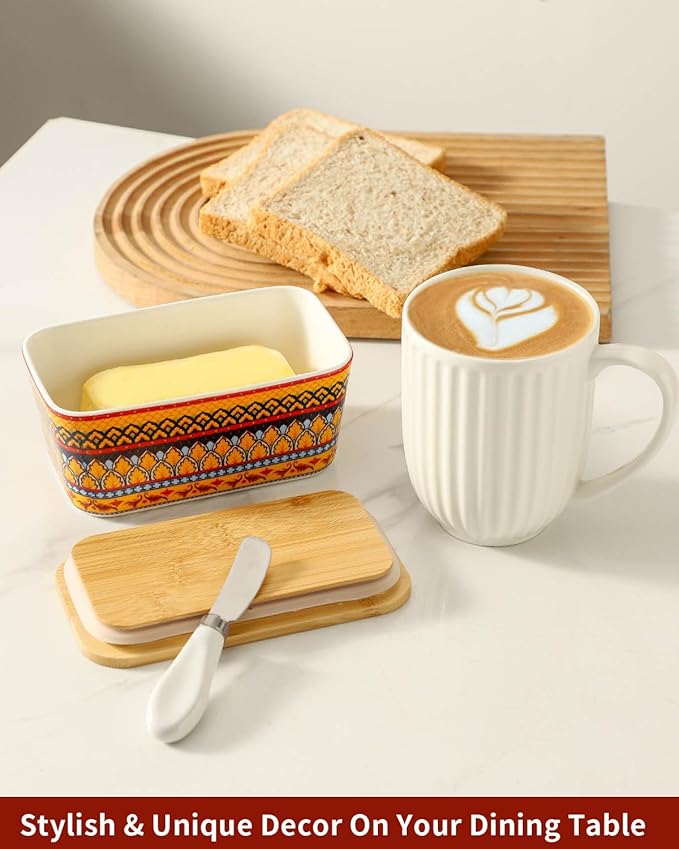 Hasense Bohemian Butter Dish, Farmhouse Ceramic Butter Dish with Lid for Fridge, Butter Container Holder with Cover or Fridge,Silicone Sealing, Holds Two Sticks of Butter, Yellow