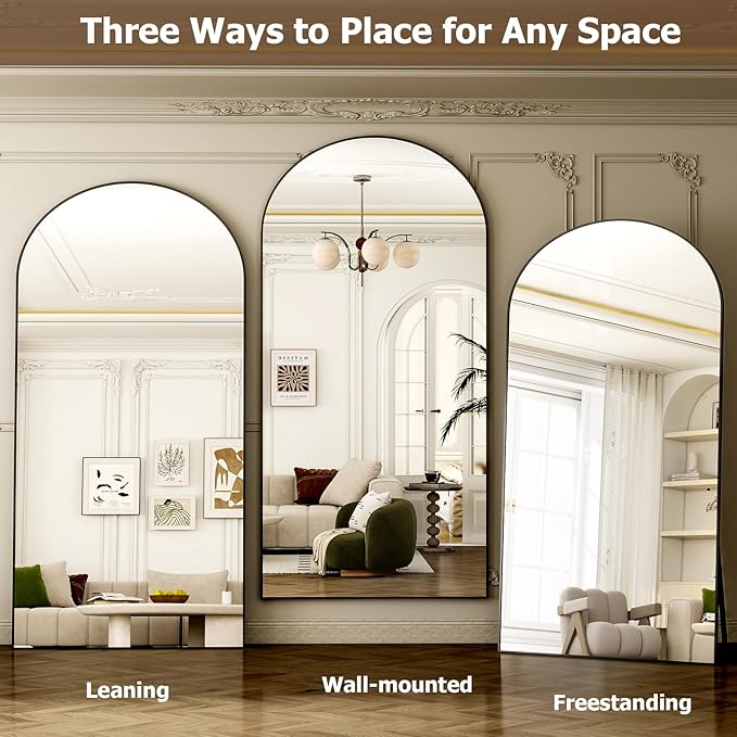 GLSLAND-38x77 inch Arched Full Length Mirror - Floor Mirrors Aluminum Alloy Frame Full Body Dressing Mirror for Bedroom Living Room,Black