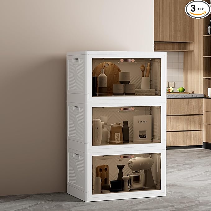 JOYMOOP Folding Storage Bins Organizer, 148.8 Quart Collapsible Storage Boxes with Wheels and Door, Stackble Plastic Storage Container for Clothing, Books and Sundries (XL, 12.4 Gal Per, 3 Tiers)