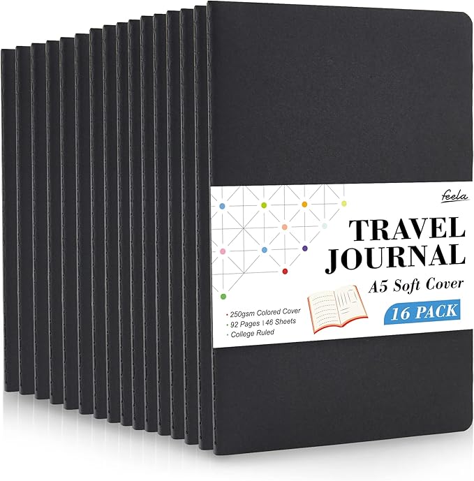 feela 16 Pack Soft Cover Journal Bulk, Lined Notebooks College Ruled for Work for Women Girl Writing, Blank Travel Journal Note Taking Notebook School Business Supplies, 8.2” x 5.5”, A5, Black