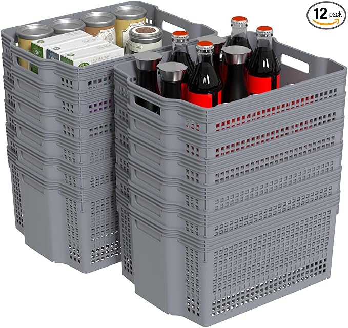 12-Pack Large Plastic Storage Baskets, Deep Stacking Storage Basket Bin, Open Cupboard Basket for Pantry, Grey