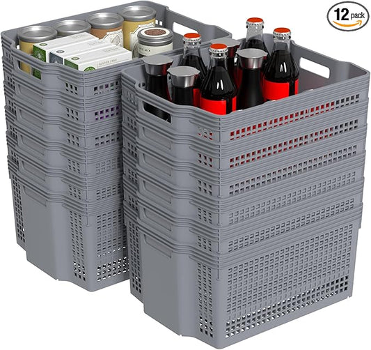 12-Pack Large Plastic Storage Baskets, Deep Stacking Storage Basket Bin, Open Cupboard Basket for Pantry, Grey