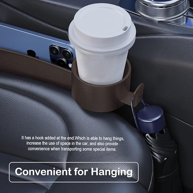 Car Seat Gap Plug with Storage Slot, Auto Gap Filler Organizer with Cup Holder, Universal Carseat Side Gap Filler Strip 2 Pack Between Front Seats & Console, Anti-Drop Pad with Seatbelt Holes, Brown