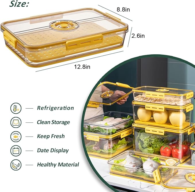 CottonColors Fridge Organizer, Food Storage Containers With Lids for Timer & Drain Board Stackable Refrigerator Organizers and Storage（Short, Large, 2 L, 2 pack）