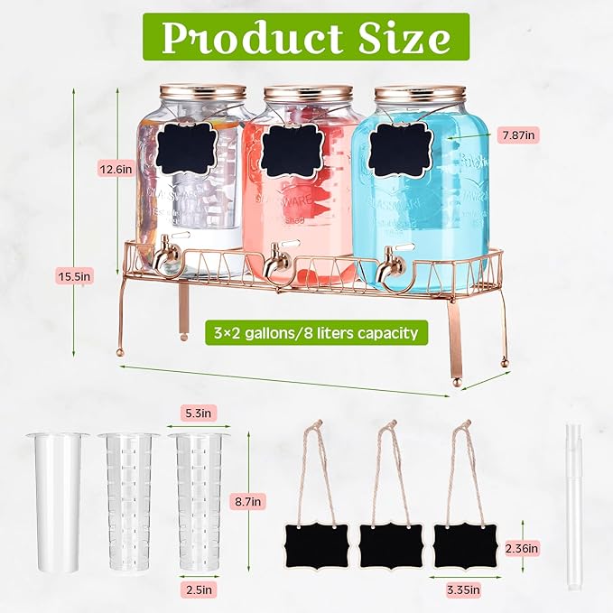 Lallisa 3 Pcs 2 Gallon Glass Drink Dispenser with Stand and Lid Mason Jar Beverage Dispenser with Stainless Steel Spigot, Hanging Chalkboard Signs, Fruit Infuse, Ice Cylinder, Liquid Pen (Rose Gold)