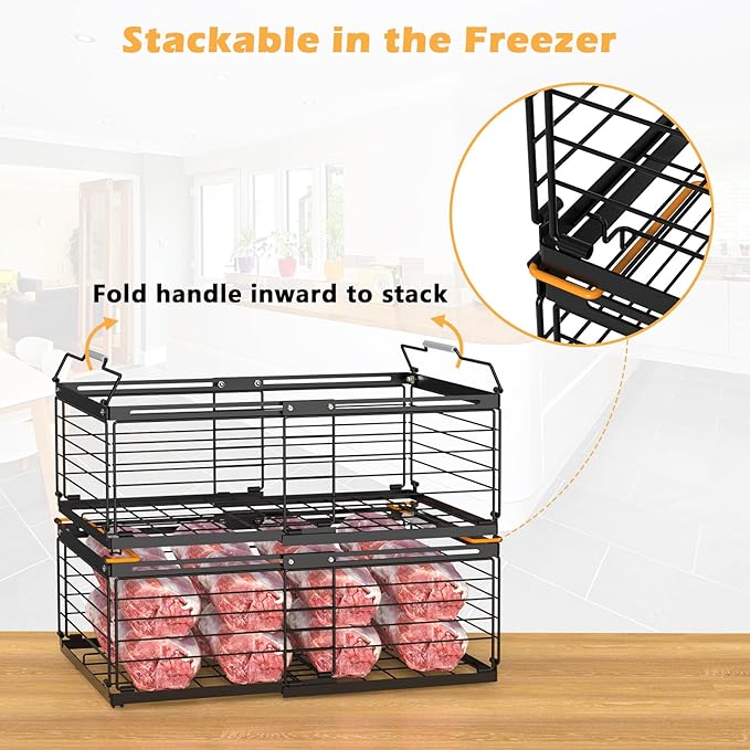 NADAMOO Freezer Organizer Bins, 2 Packs Large Expandable Stackable Chest Freezer Containers with Handle, Metal Adjustable Storage Baskets for Fridge, Deep Freezer, Cabinet, Kitchen, Pantry - Black